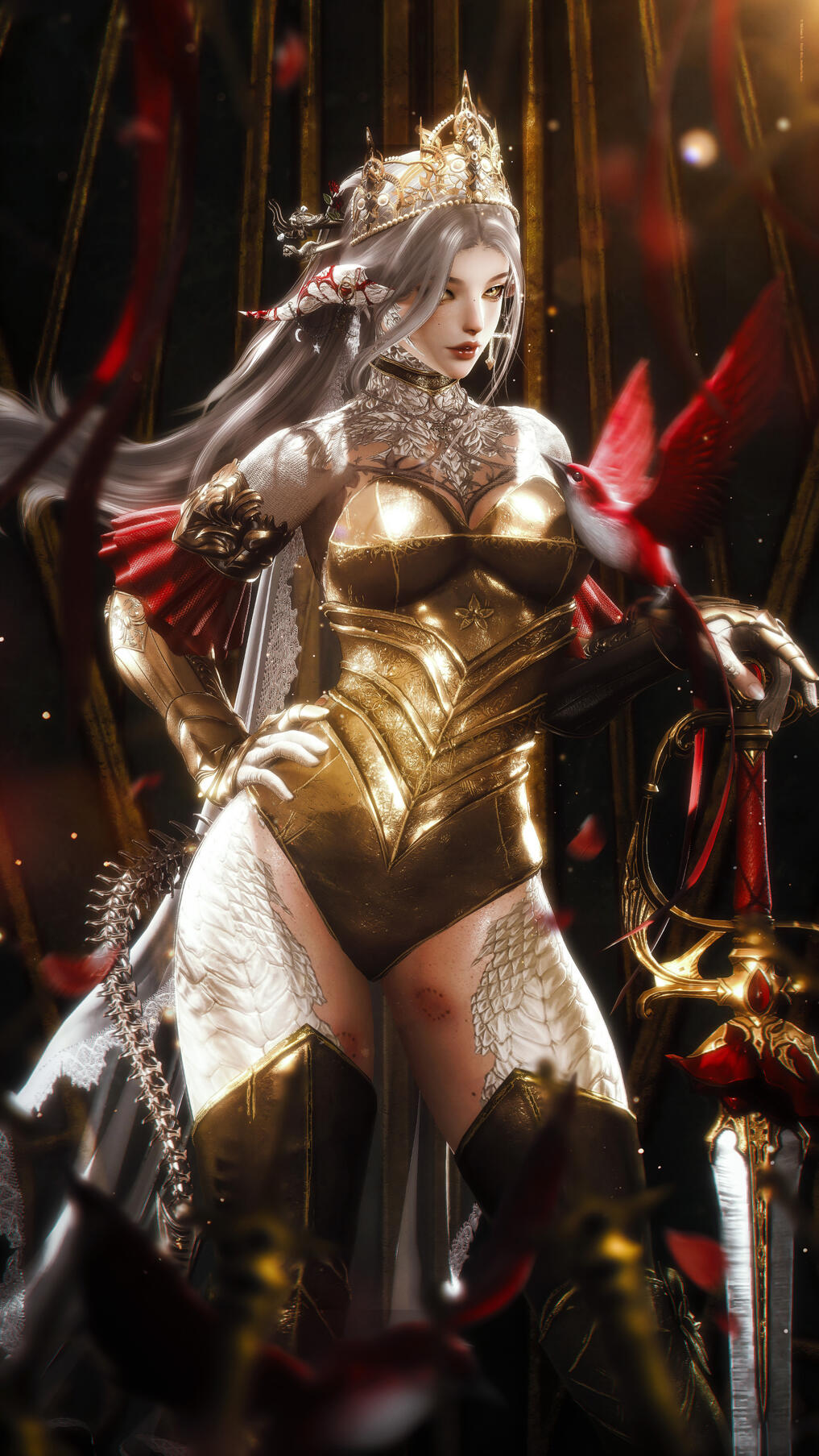 Scarlet gaze, gilded veins.